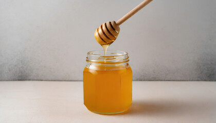 Honey in a glass jar with a wooden spoon dipper
