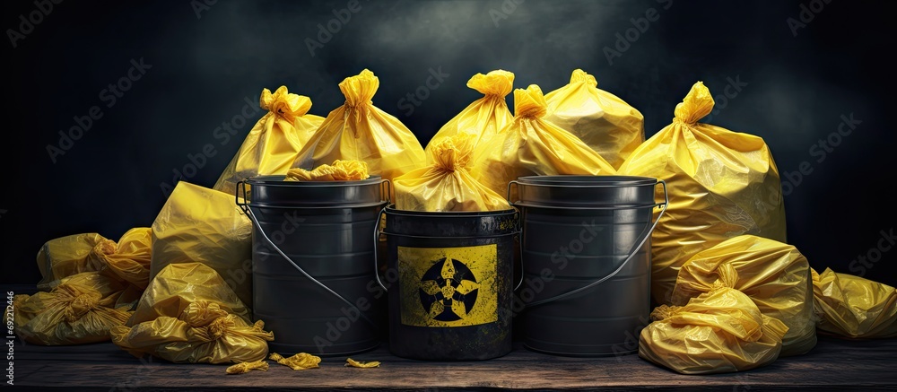 Poster biohazards waste icons biohazards trash and garbage bag. copy space image. place for adding text or 