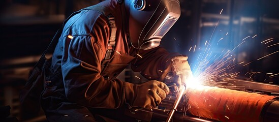 banner of worker welding metal steel pipe by TIG torch innert gas wearing safety mask and suit is welding metal panorama image construction steel with copy space. Copy space image