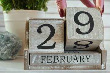 Leap Year Day, February 29, displayed on a wooden block calendar