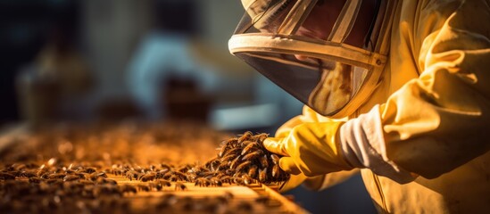 Beekeeper in a protective suit examines a frame with honeycombs He holds a wooden frame with honey cells in front of him and bees crawl on the honeycomb. Copy space image