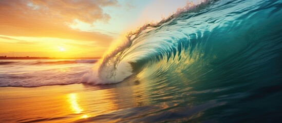 Beautiful ocean surfing wave at sunset beach. Copy space image. Place for adding text or design