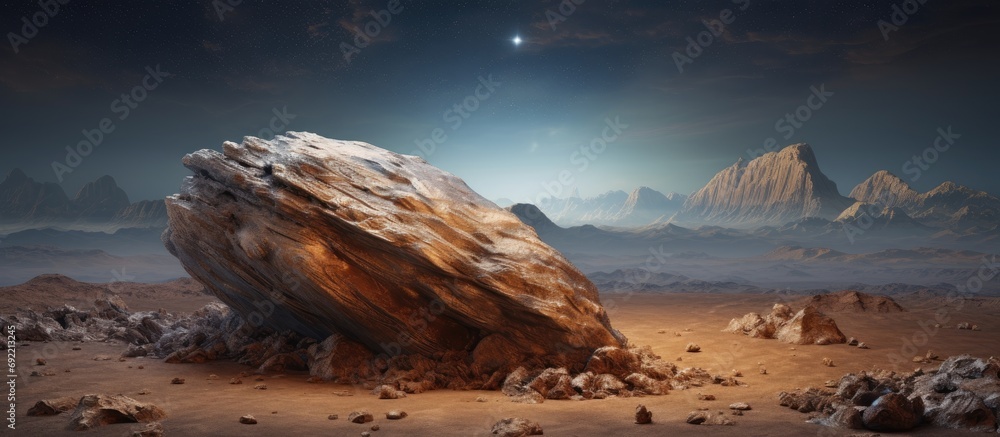 Poster alien rock with space background and a brown planet. copy space image. place for adding text or desi