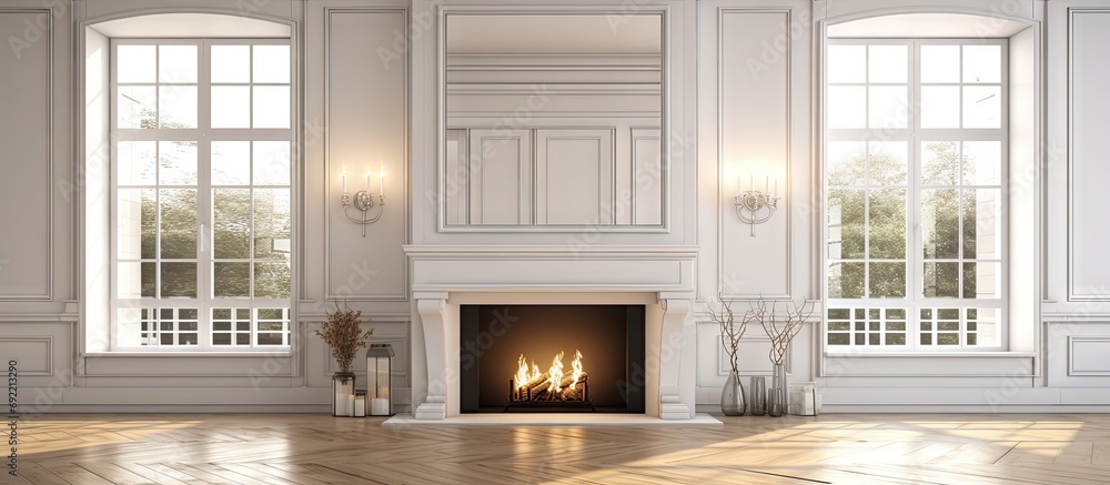 Poster beautiful open living room with mirrored fireplace and large bright windows. copy space image. place