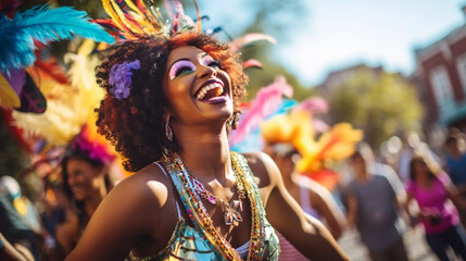 copy space, Cheerful black woman has fun on Mardi Gras street carnival while wearing a costume. Perfect for carnival, Mardi Gras, party, celebration, and theme-related concepts. Carnival background. - obrazy, fototapety, plakaty