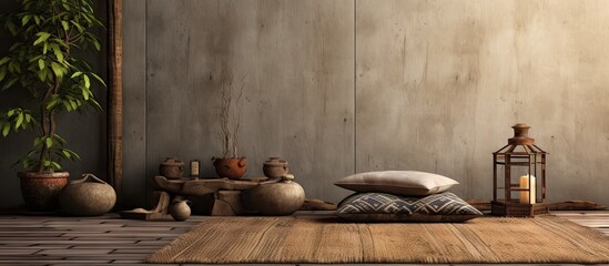 Beautiful boho style room interior view with rough walls and elegant wooden panel jute carpet braided Tatami cushion seat or round pouf vase with sables and wooden breakfast table. Copy space image - obrazy, fototapety, plakaty