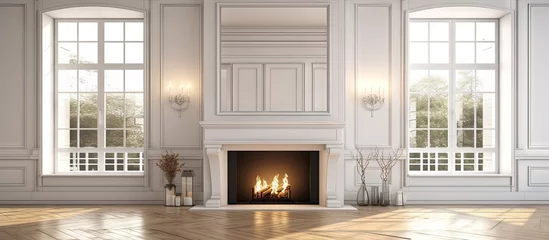Keuken foto achterwand Chinese Muur Beautiful open living room with mirrored fireplace and large bright windows. Copy space image. Place for adding text or design