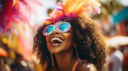 Naklejka premium copy space, Cheerful black woman has fun on Mardi Gras street carnival while wearing a costume. Perfect for carnival, Mardi Gras, party, celebration, and theme-related concepts. Carnival background.