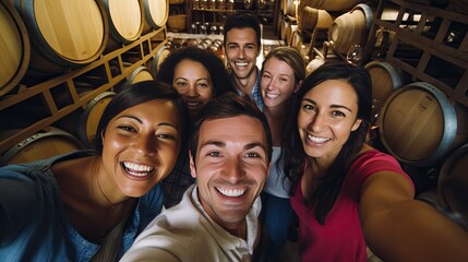 A selfie taken by a group of friends inside a vibrant and bustling wine cellar.  