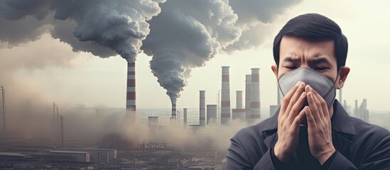 Asian man wearing the face mask against air pollution with hand catching the headache over over the Smokestack Factory with black smoke on the sky with cloud healthcare industry and pollution c - obrazy, fototapety, plakaty