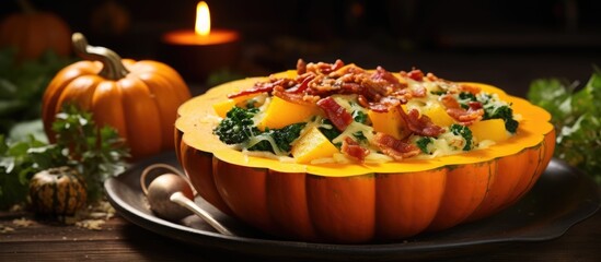 Autumn pumpkin casserole with leek bacon cheese and kale. Copy space image. Place for adding text or design
