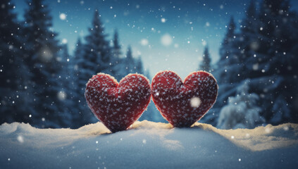 Christmas trees, snowing with a heart shape, in the style of, poignant, love and romance on Valentines day - obrazy, fototapety, plakaty
