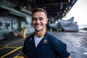 Portrait of a smiling pilot standing in front of an aircraft carrier