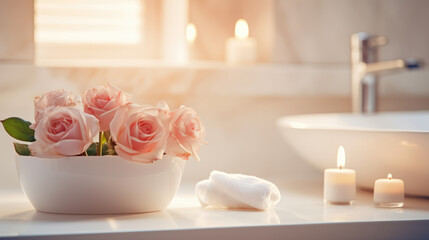 Obraz na płótnie Canvas A stylish white bathroom featuring a vessel sink, roses, and candles, setting a romantic and Zen-like mood.