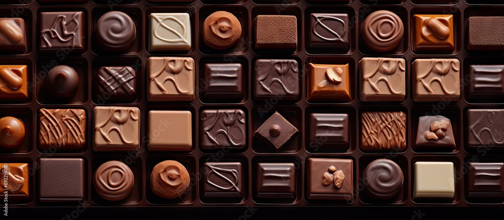 Poster assorted chocolates confectionery in their gift box. copy space image. place for adding text or desi