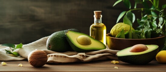 Avocado oil domestic beauty treatment use Bottle of oil based tonic green plant decor on towel and fresh fruit. Copy space image. Place for adding text or design
