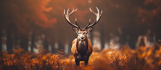 Autumn rituals in nature Red deer rut Confident red deer stag with large antlers on an open field in the forest ready for the mating season brushes his coat. Copy space image - obrazy, fototapety, plakaty