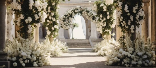 Fototapeta na wymiar Beautiful romantic elegant wedding decor for a luxury dinner in Italy Tuscany Modern floral design for outdoor wedding. Copy space image. Place for adding text or design