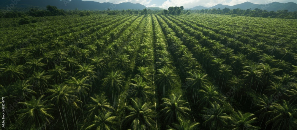 Poster arial view of palm plantation at east asia. copy space image. place for adding text or design