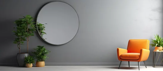 Foto op Plexiglas Big ficus plant a vibrant orange armchair and a round mirror in a gray living room interior with place for a floor lamp Real photo. Copy space image. Place for adding text or design © Ilgun