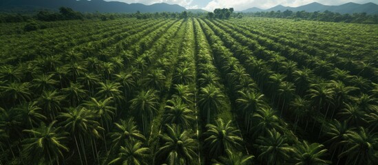 Arial view of palm plantation at east asia. Copy space image. Place for adding text or design - obrazy, fototapety, plakaty