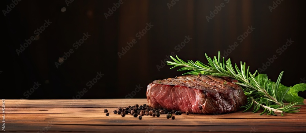 Poster beef steak with rosemary on a wooden table. copy space image. place for adding text or design