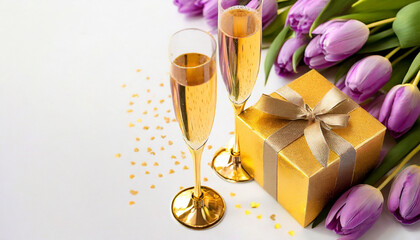 Golden gift box two glasses of Champagne on white table banner with lilac tulips 