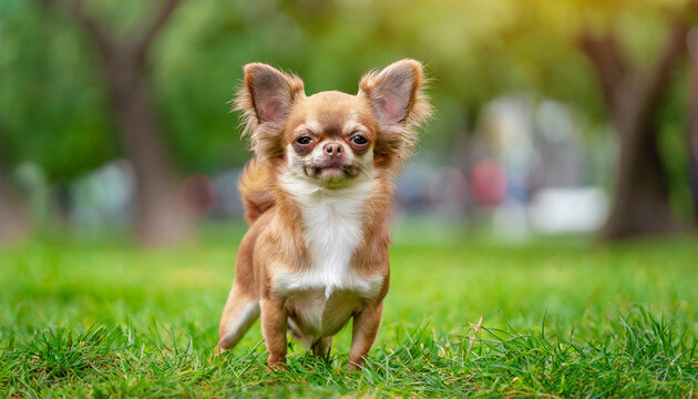 Funny Chihuahua dog posing on the grass in the park .