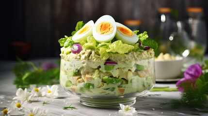 Trendy bound salad with lettuce leaves, avocado and chicken, egg and mayonnaise sauce. A recipe for a nutritious healthy salad that is high in protein. - obrazy, fototapety, plakaty