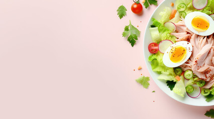 Top view of Trendy bound salad with lettuce leaves, avocado and chicken, egg and mayonnaise sauce. A recipe for a nutritious healthy salad that is high in protein.