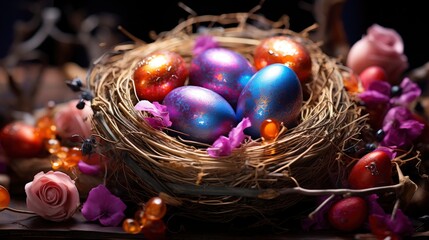 Spring Greeting Card Easter Eggs Nest , Background HD, Illustrations
