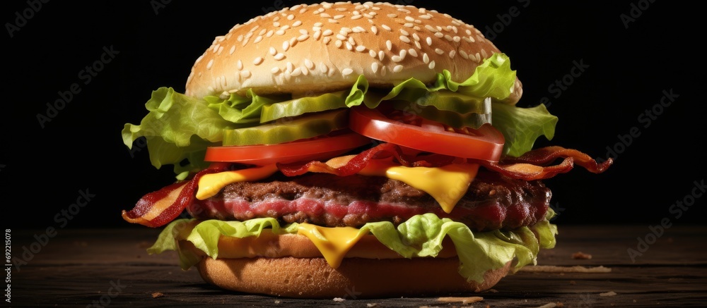 Poster bacon cheeseburger with lettuce and tomato. copy space image. place for adding text or design