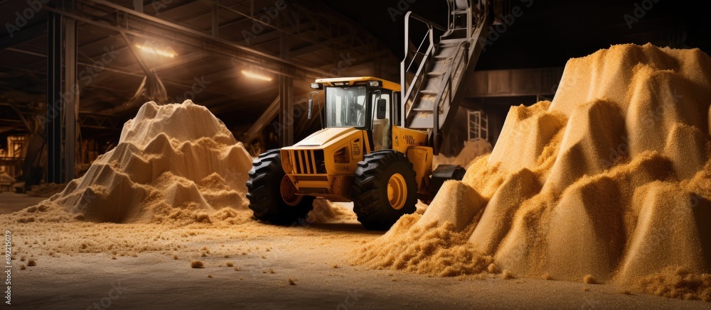 Poster backhoe standing on pile of raw brown sugar inside a warehouse bulk sugar handling and transportatio