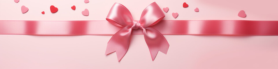 wrapped valentine's day gift and bow tied on pink background with red ribbon copy space.