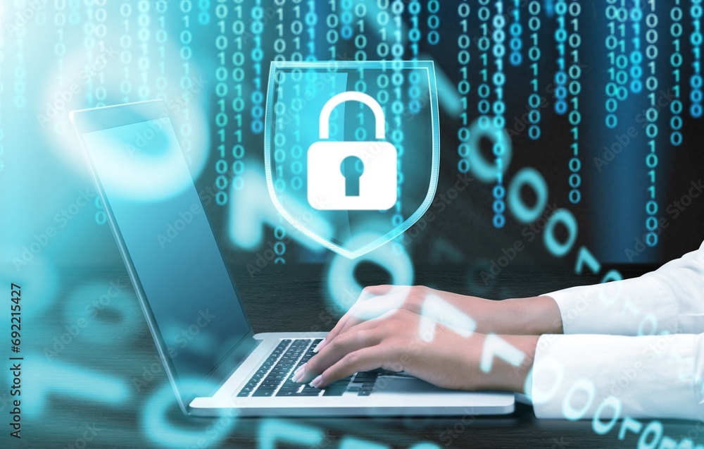 Poster cybersecurity concept, man using laptop with network security