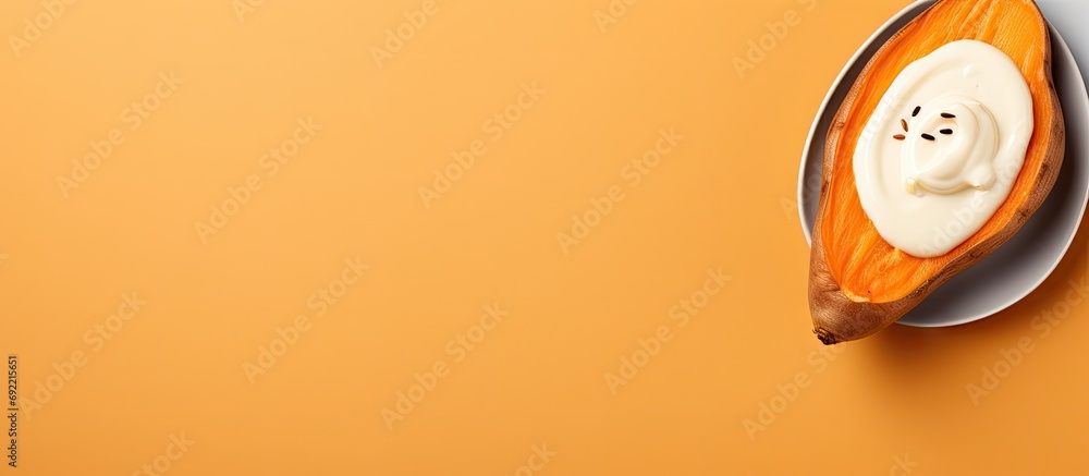 Poster baked sweet potato with yogurt sause top view. copy space image. place for adding text or design