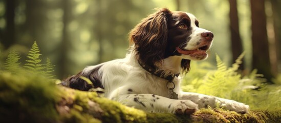 Beautiful dog english springer spaniel on a walk in the forest. Copy space image. Place for adding text or design - obrazy, fototapety, plakaty