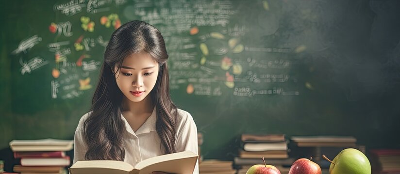 Asian female student looking at page of open book while standing by blackboard. Copy space image. Place for adding text or design