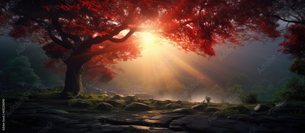 Poster autumn in the forest sunrays fall through mist and a beautiful red tree. copy space image. place for