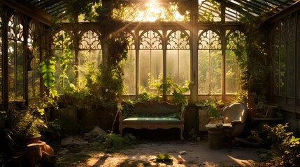 A decaying, Victorian-era greenhouse overtaken by ivy and creeping vines. Sunlight filters through the broken glass, illuminating the wild foliage within. - obrazy, fototapety, plakaty