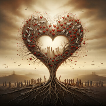heart tree in the sky surrounded by people. Created with Generative AI technology