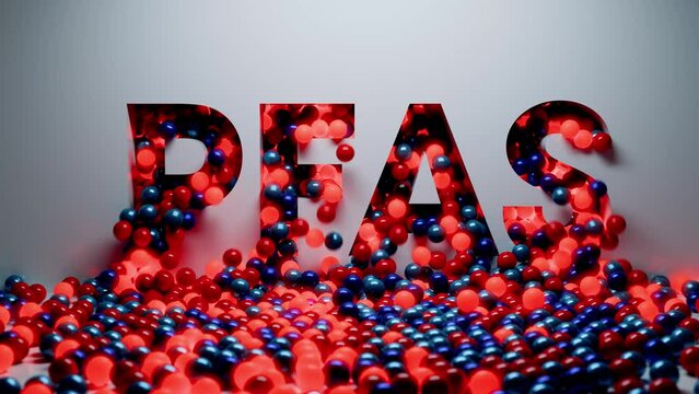 From a sign PFAS falls colorful shining balls. Conceptual 3D animation.