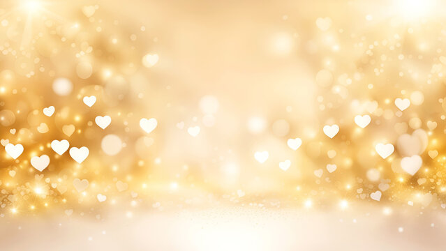 Golden defocused heart shaped lights abstract holiday background. St.Valentine's Day,Love Wedding wallpaper.Banner for design with copy space.AI generated.