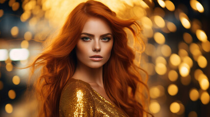 Woman with red hair in golden dress. Festive gold glitter vibes, luxury and premium street syle photography for advertising product design. Fashion beautiful