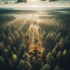 aerial landscape of a beautiful coniferous forest in the rays of the sunset