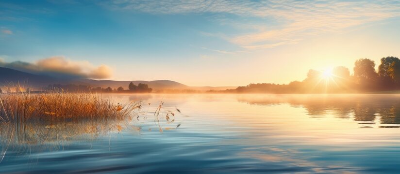 Agricultural sunrise over calm water with sky reflecting sunlight. Copy space image. Place for adding text or design