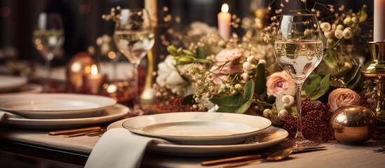 Beautiful family dinner table decor Table decor concept Luxury home. Copy space image. Place for adding text or design