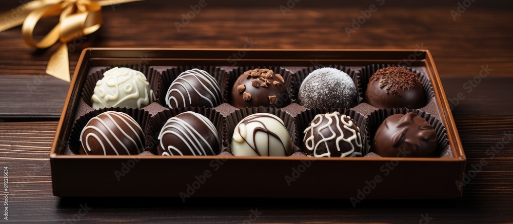 Poster assorted chocolates confectionery in their gift box. copy space image. place for adding text or desi