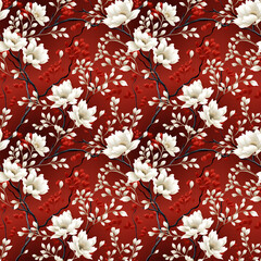 Illustrated White Flowers Blossoming on Branches Seamless Pattern