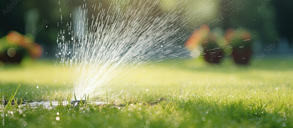 Poster automatic sprinkler lawn watering system water in motion blur. copy space image. place for adding te